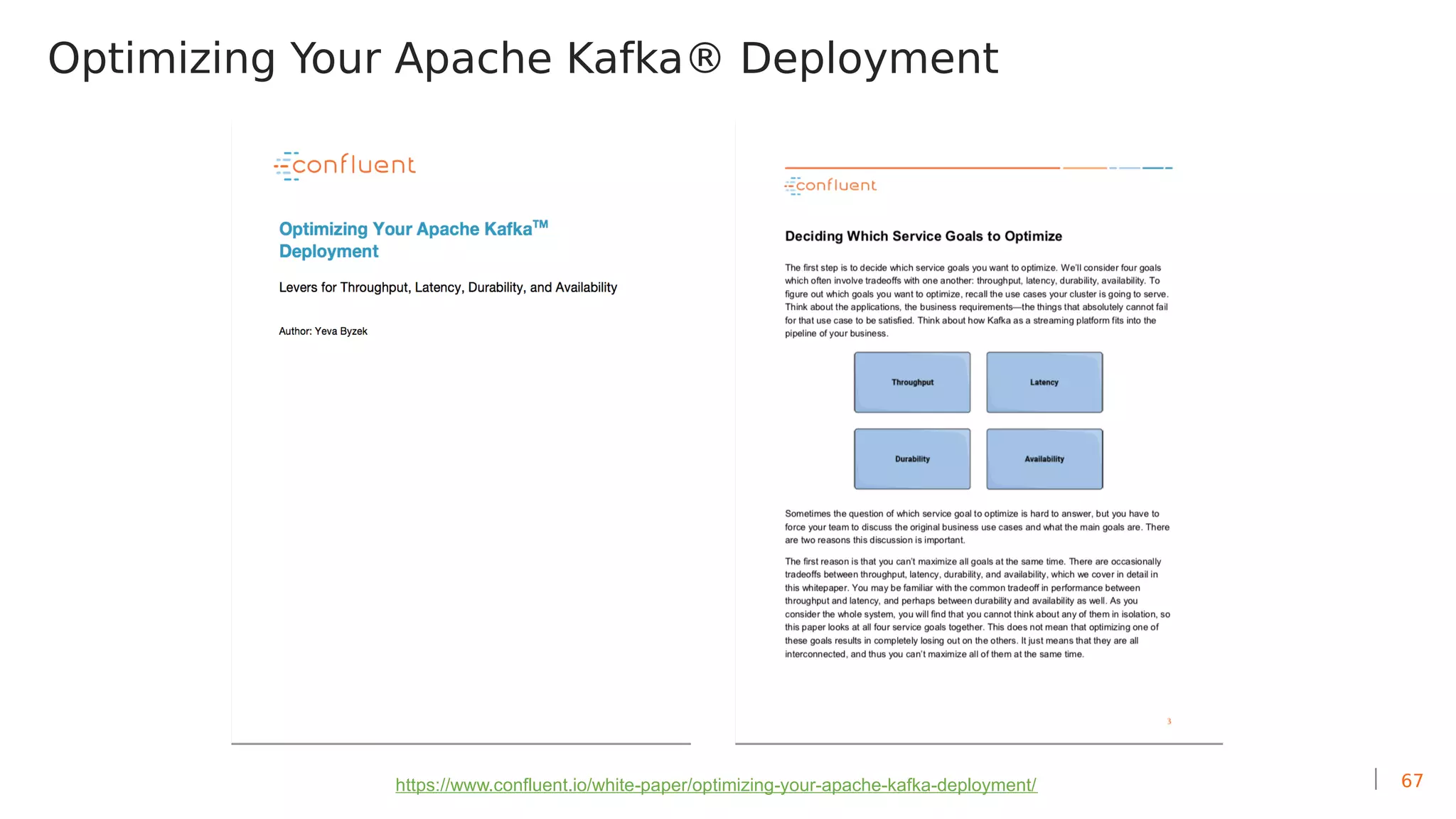67
Optimizing Your Apache Kafka® Deployment
https://www.confluent.io/white-paper/optimizing-your-apache-kafka-deployment/
 