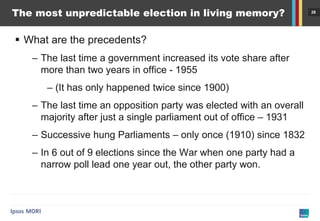 28 
The most unpredictable election in living memory? 
What are the precedents? 
–The last time a government increased its vote share after more than two years in office - 1955 
–(It has only happened twice since 1900) 
–The last time an opposition party was elected with an overall majority after just a single parliament out of office – 1931 
–Successive hung Parliaments – only once (1910) since 1832 
–In 6 out of 9 elections since the War when one party had a narrow poll lead one year out, the other party won.  