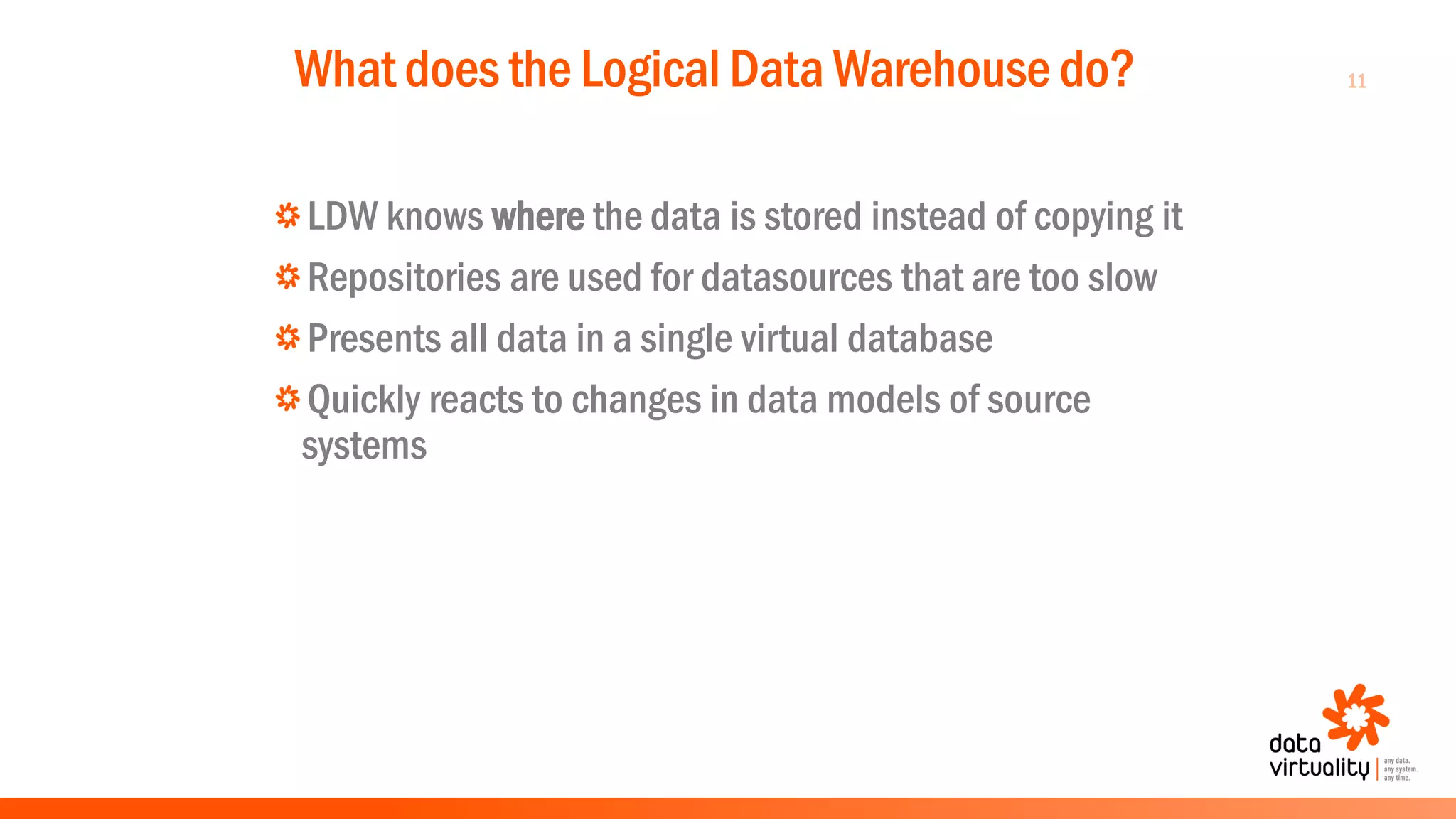 11What does the Logical Data Warehouse do?
LDW knows where the data is stored instead of copying it
Repositories are used for datasources that are too slow
Presents all data in a single virtual database
Quickly reacts to changes in data models of source
systems
 