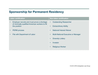 Sponsorship for Permanent Residency

Labor certification                                   Non-labor certification

•   Employer recruits and must prove a shortage       •   Outstanding Researcher
    of minimally qualified American workers to fill
    the position                                      •   Extraordinary Ability

•   PERM process                                      •   National Interest Waiver

•   File with Department of Labor                     •   Multi-National Executive or Manager

                                                      •   Diversity Lottery

                                                      •   Investor

                                                      •   Religious Worker




                                                                                  © 2012 CPG Immigration Law Group
 