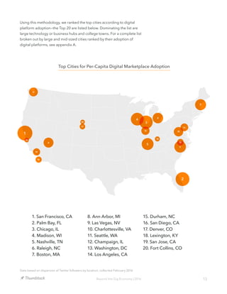 13Beyond the Gig Economy | 2016
8
9
10
13
14
15
16
17
18
19
20
1
11
12
6
4
5
3
2
7
Using this methodology, we ranked the top cities according to digital
platform adoption—the Top 20 are listed below. Dominating the list are
large technology or business hubs and college towns. For a complete list
broken out by large and mid-sized cities ranked by their adoption of
digital platforms, see appendix A.
Top Cities for Per-Capita Digital Marketplace Adoption
1. San Francisco, CA
2. Palm Bay, FL
3. Chicago, IL
4. Madison, WI
5. Nashville, TN
6. Raleigh, NC
7. Boston, MA
8. Ann Arbor, MI
9. Las Vegas, NV
10. Charlottesville, VA
11. Seattle, WA
12. Champaign, IL
13. Washington, DC
14. Los Angeles, CA
15. Durham, NC
16. San Diego, CA
17. Denver, CO
18. Lexington, KY
19. San Jose, CA
20. Fort Collins, CO
Data based on dispersion of Twitter followers by location; collected February 2016
 