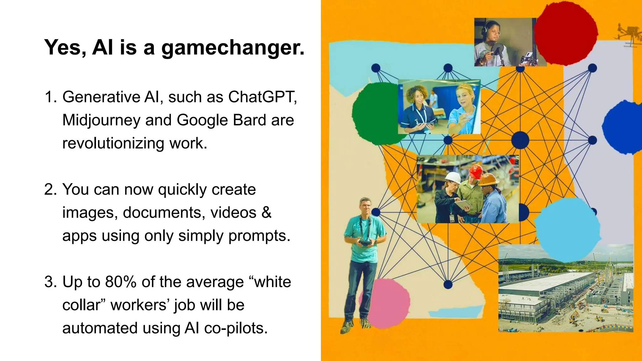 Yes, AI is a gamechanger.
1. Generative AI, such as ChatGPT,
Midjourney and Google Bard are
revolutionizing work.
2. You can now quickly create
images, documents, videos &
apps using only simply prompts.
3. Up to 80% of the average “white
collar” workers’ job will be
automated using AI co-pilots.
 
