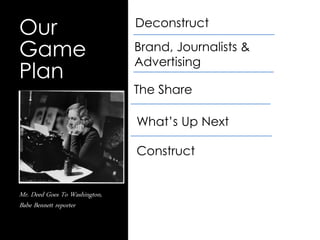 Mr
Our
Game
Plan
Deconstruct
Brand, Journalists &
Advertising
The Share
Construct
What’s Up Next
Mr. Deed Goes To Washingt...