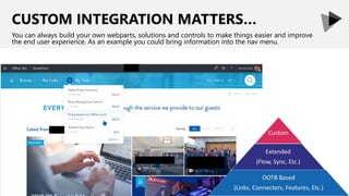 CUSTOM INTEGRATION MATTERS…
You can always build your own webparts, solutions and controls to make things easier and improve
the end user experience. As an example you could bring information into the nav menu.
 