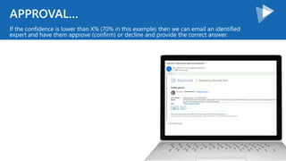 APPROVAL…
If the confidence is lower than X% (70% in this example) then we can email an identified
expert and have them approve (confirm) or decline and provide the correct answer.
 