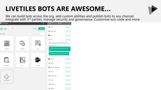 LIVETILES BOTS ARE AWESOME…
We can build bots across the org, add custom abilities and publish bots to any channel.
Integrate with 3rd parties, manage security and governance. Customize w/o code and more.
 