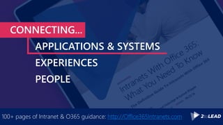 CONNECTING...
APPLICATIONS & SYSTEMS
EXPERIENCES
PEOPLE
100+ pages of Intranet & O365 guidance: http://Office365Intranets.com
 