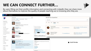 WE CAN CONNECT FURTHER…
By users filling out their profile information and connecting with LinkedIn they can share more
about themselves to improve the quality of people reaching out or knowing who they are.
Out Of The Box●
 