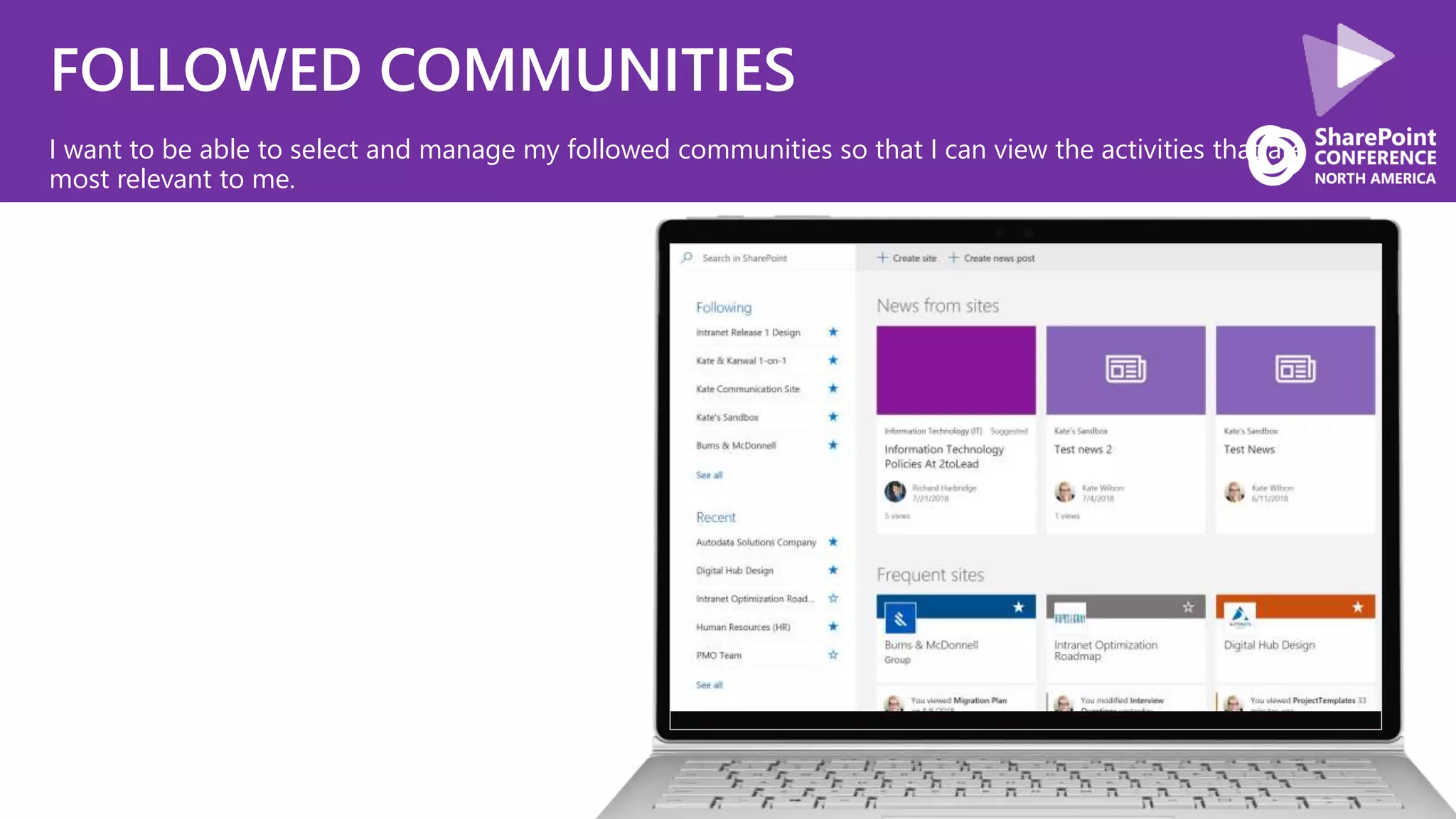 FOLLOWED COMMUNITIES
I want to be able to select and manage my followed communities so that I can view the activities that are
most relevant to me.
 