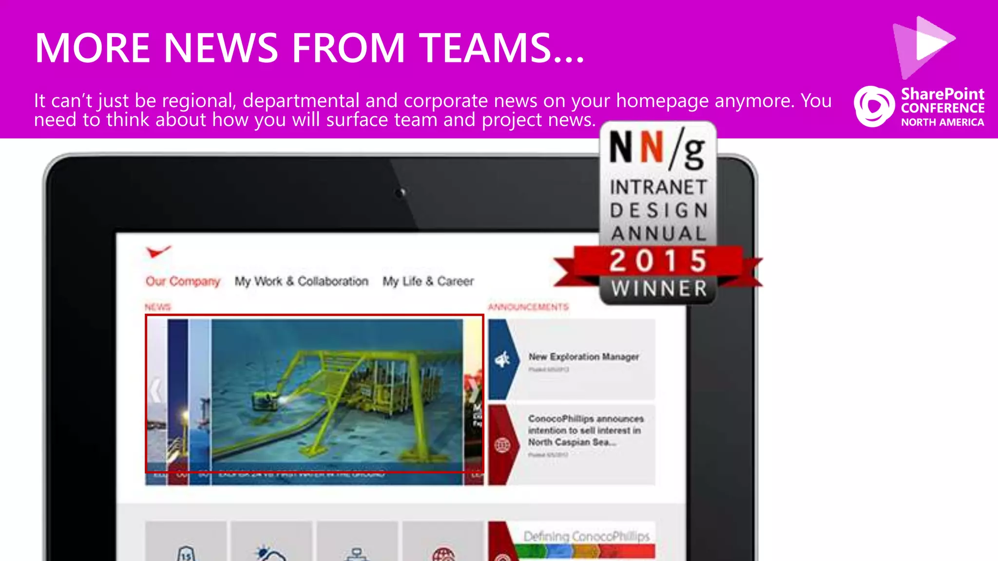 MORE NEWS FROM TEAMS…
It can’t just be regional, departmental and corporate news on your homepage anymore. You
need to think about how you will surface team and project news.
 