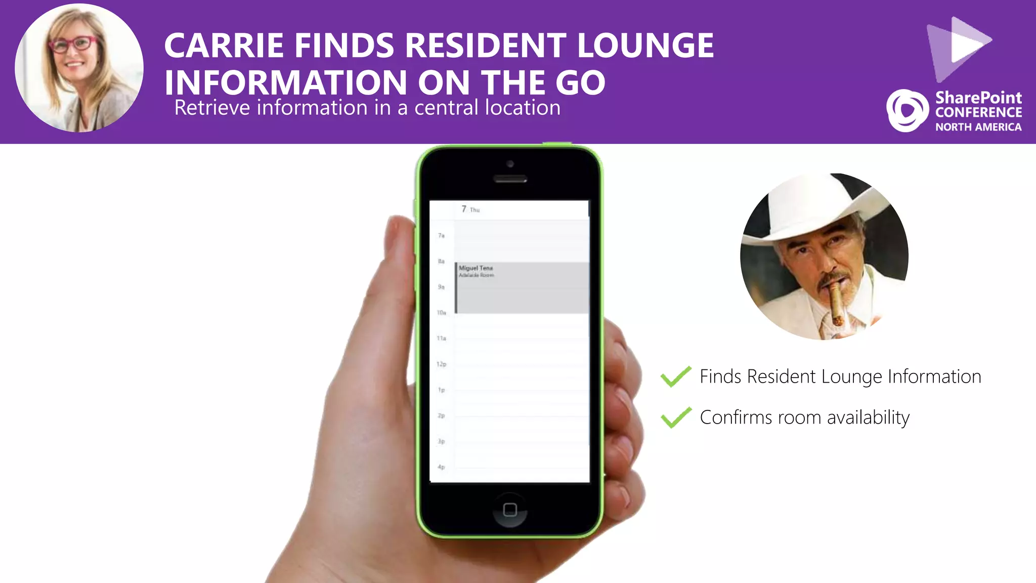 CARRIE FINDS RESIDENT LOUNGE
INFORMATION ON THE GO
Retrieve information in a central location
Finds Resident Lounge Information
Confirms room availability
 