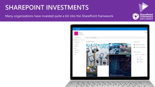 SHAREPOINT INVESTMENTS
Many organizations have invested quite a bit into the SharePoint framework
 
