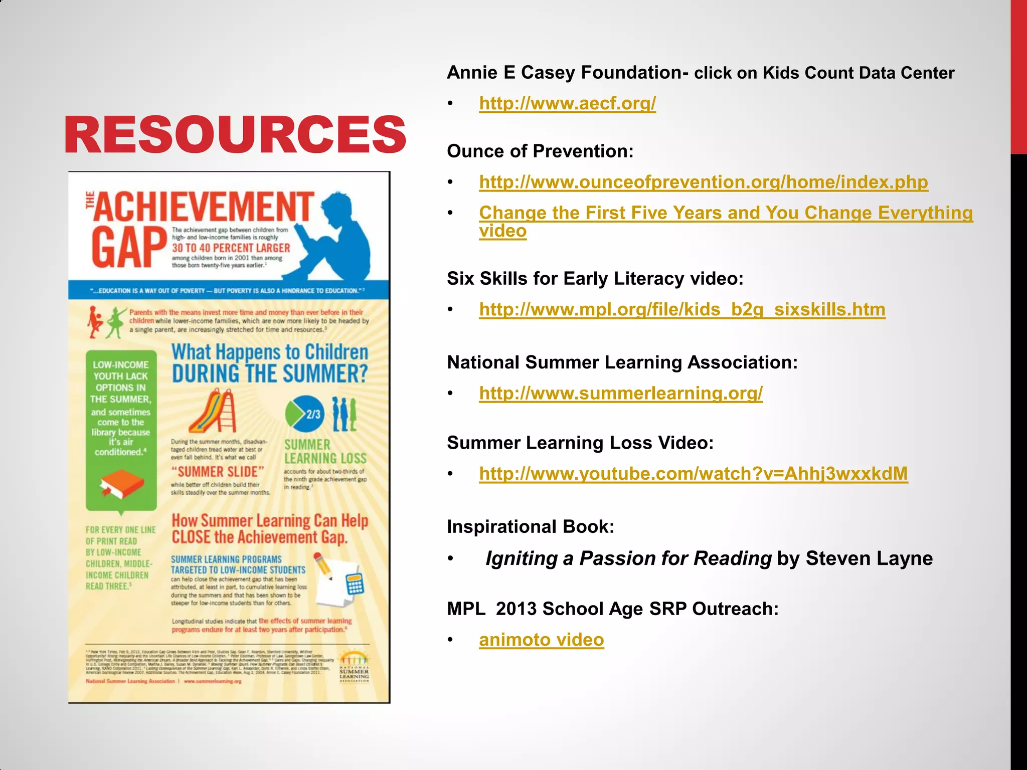 Annie E Casey Foundation- click on Kids Count Data Center

RESOURCES

•

http://www.aecf.org/

Ounce of Prevention:
•

http://www.ounceofprevention.org/home/index.php

•

Change the First Five Years and You Change Everything
video

Six Skills for Early Literacy video:
•

http://www.mpl.org/file/kids_b2g_sixskills.htm

National Summer Learning Association:

•

http://www.summerlearning.org/

Summer Learning Loss Video:
•

http://www.youtube.com/watch?v=Ahhj3wxxkdM

Inspirational Book:

•

Igniting a Passion for Reading by Steven Layne

MPL 2013 School Age SRP Outreach:
•

animoto video

 