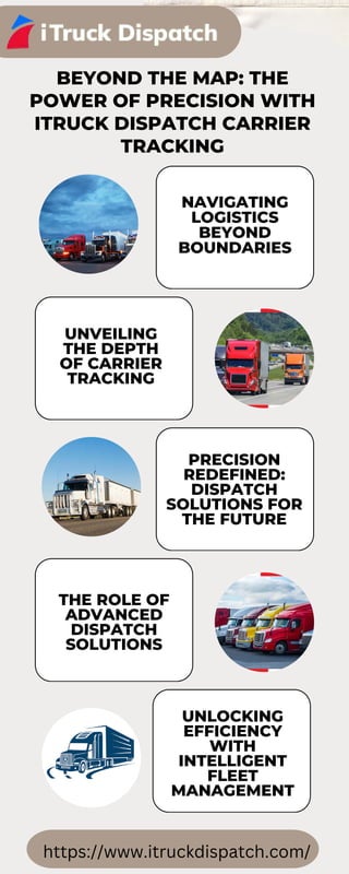 NAVIGATING
LOGISTICS
BEYOND
BOUNDARIES
UNVEILING
THE DEPTH
OF CARRIER
TRACKING
PRECISION
REDEFINED:
DISPATCH
SOLUTIONS FOR
THE FUTURE
THE ROLE OF
ADVANCED
DISPATCH
SOLUTIONS
UNLOCKING
EFFICIENCY
WITH
INTELLIGENT
FLEET
MANAGEMENT
BEYOND THE MAP: THE
POWER OF PRECISION WITH
ITRUCK DISPATCH CARRIER
TRACKING
https://www.itruckdispatch.com/
 