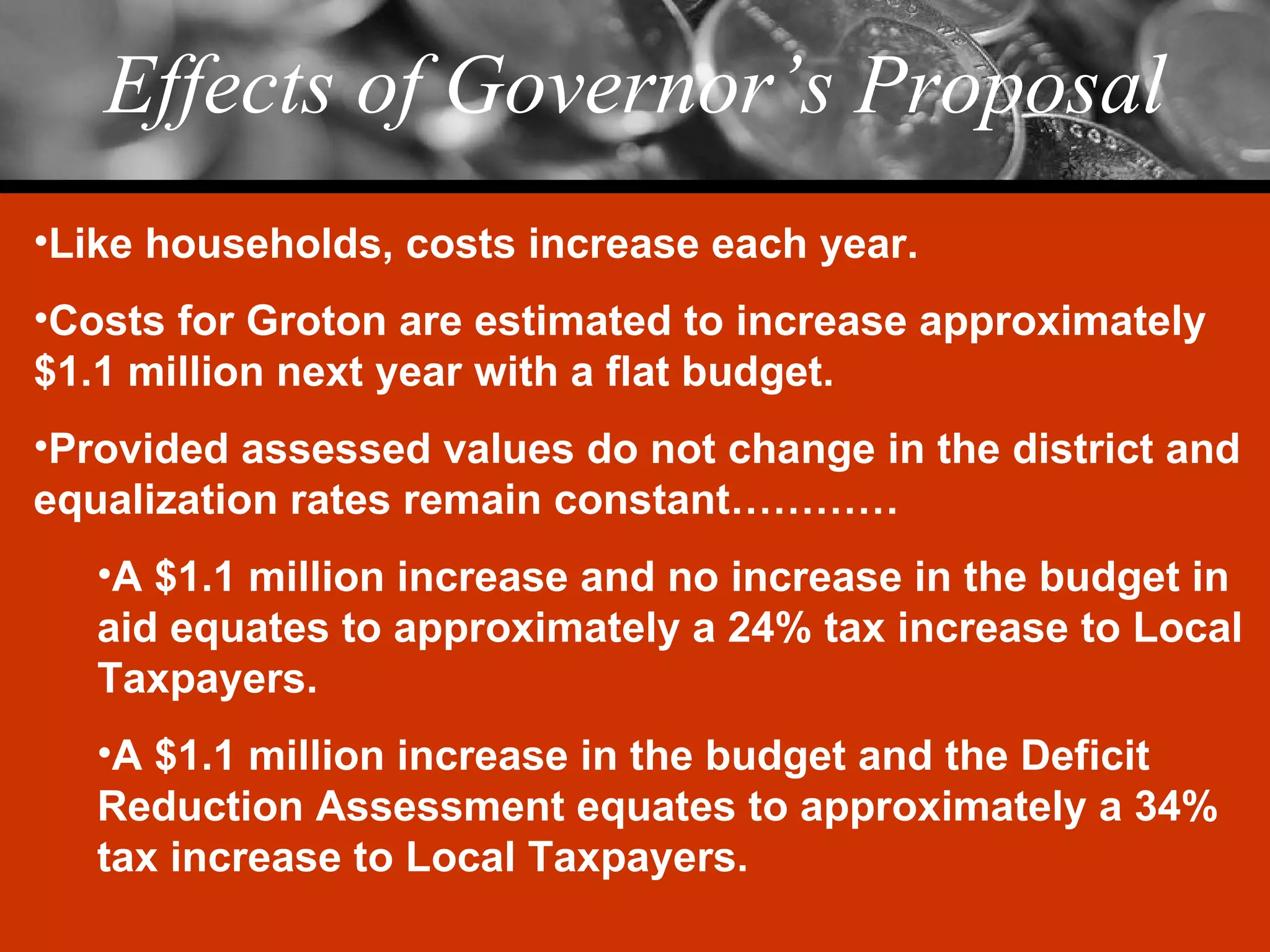 Effects of Governor’s Proposal Like households, costs increase each year. Costs for Groton are estimated to increase approximately $1.1 million next year with a flat budget. Provided assessed values do not change in the district and equalization rates remain constant………… A $1.1 million increase and no increase in the budget in aid equates to approximately a 24% tax increase to Local Taxpayers. A $1.1 million increase in the budget and the Deficit Reduction Assessment equates to approximately a 34% tax increase to Local Taxpayers. 