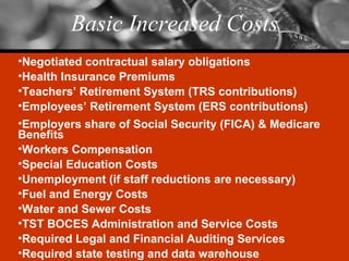 Basic Increased Costs Negotiated contractual salary obligations Health Insurance Premiums Teachers’ Retirement System (TRS contributions) Employees’ Retirement System (ERS contributions) Employers share of Social Security (FICA) & Medicare Benefits Workers Compensation Special Education Costs Unemployment (if staff reductions are necessary) Fuel and Energy Costs Water and Sewer Costs TST BOCES Administration and Service Costs Required Legal and Financial Auditing Services Required state testing and data warehouse 