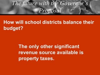 The future with the Governor’s Proposal How will school districts balance their budget? The only other significant revenue source available is property taxes. 