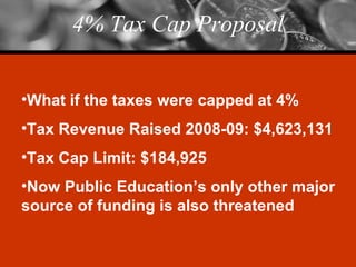 4% Tax Cap Proposal What if the taxes were capped at 4% Tax Revenue Raised 2008-09: $4,623,131 Tax Cap Limit: $184,925 Now Public Education’s only other major source of funding is also threatened 