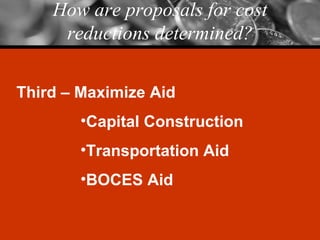 How are proposals for cost reductions determined? Third – Maximize Aid Capital Construction Transportation Aid BOCES Aid 