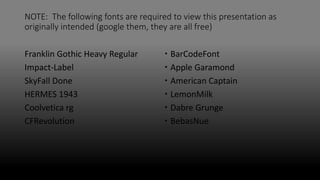 NOTE: The following fonts are required to view this presentation as
originally intended (google them, they are all free)
Franklin Gothic Heavy Regular
Impact-Label
SkyFall Done
HERMES 1943
Coolvetica rg
CFRevolution
 BarCodeFont
 Apple Garamond
 American Captain
 LemonMilk
 Dabre Grunge
 BebasNue
 