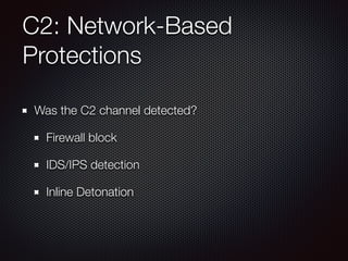 C2: Network-Based
Protections
Was the C2 channel detected?
Firewall block
IDS/IPS detection
Inline Detonation
 
