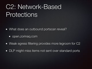 C2: Network-Based
Protections
What does an outbound portscan reveal?
open.zorinaq.com
Weak egress ﬁltering provides more l...