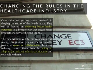 11	
  
C h a n g i n g t h e r u l e s i n t h e
h e a l t h c a r e i n d u s t r y
Companies are getting more involved in
shaping the nature of the health sector. They
will be focused on delivering better health
outcomes in a broader way that encompasses
products and services beyond the pill.
The new winners will be the companies that
manage to position themselves as valuable
partners, open to collaboration. In every
industry, success ﬂows from the ability to
adapt to (or reshape) industry architecture and
your role within it.
http://www.ﬂickr.com/photos/londonmatt/3163571645/
 