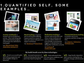 1 . Q u a n t i f i e d s e l f , s o m e
e x a m p l e s …
Activity wristbands to
monitor and record physical
activity. They work along side
apps to demonstrate progress
and motivate the individual to
reach goals.
e.g. Nike fuel band, Fitbit,
Misﬁt shine, Jawbone UP
Mood tracking to monitor
and record mental wellbeing.
Capture mood in a variety of
ways and connect with peers as a
support mechanism.
e.g. Moodscope & Mood Panda
Medication tracking to
monitor and record when and
where certain medicines are
used e.g. asthma inhalers to
track possible environmental
triggers, or identify those not
taking their medication correctly
e.g. Geckocap &
Vitality Glow caps
Disease/risk factor tracking
to monitor and record
symptoms and their change over
time.
e.g. Ginger.io, Podimetrics,
Withings scales
My health beneﬁt score for these technologies: 	
  
3/5– if tied to an overall health
and wellness programme and
show tangible changes in
behaviour.
3/5 – increased awareness of
mood and sharing this data with
peers may improve prognosis.
4/5 – help understand what
can cause acute conditions, and
improve adherence.
4/5– large beneﬁt, dependent
upon systems existing that can
recognise changes and determine
action.
 