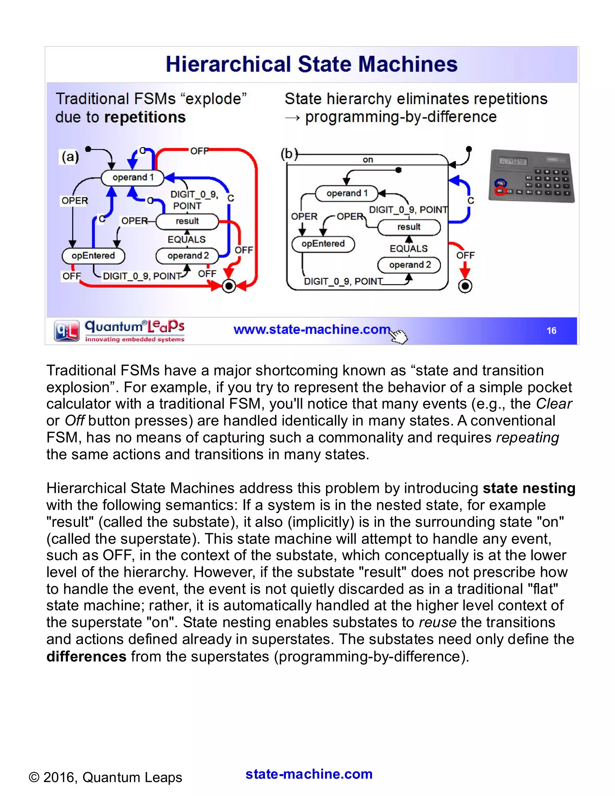 state-machine.com© 2016, Quantum Leaps
Traditional FSMs have a major shortcoming known as “state and transition
explosion”. For example, if you try to represent the behavior of a simple pocket
calculator with a traditional FSM, you'll notice that many events (e.g., the Clear
or Off button presses) are handled identically in many states. A conventional
FSM, has no means of capturing such a commonality and requires repeating
the same actions and transitions in many states.
Hierarchical State Machines address this problem by introducing state nesting
with the following semantics: If a system is in the nested state, for example
"result" (called the substate), it also (implicitly) is in the surrounding state "on"
(called the superstate). This state machine will attempt to handle any event,
such as OFF, in the context of the substate, which conceptually is at the lower
level of the hierarchy. However, if the substate "result" does not prescribe how
to handle the event, the event is not quietly discarded as in a traditional "flat"
state machine; rather, it is automatically handled at the higher level context of
the superstate "on". State nesting enables substates to reuse the transitions
and actions defined already in superstates. The substates need only define the
differences from the superstates (programming-by-difference).
 