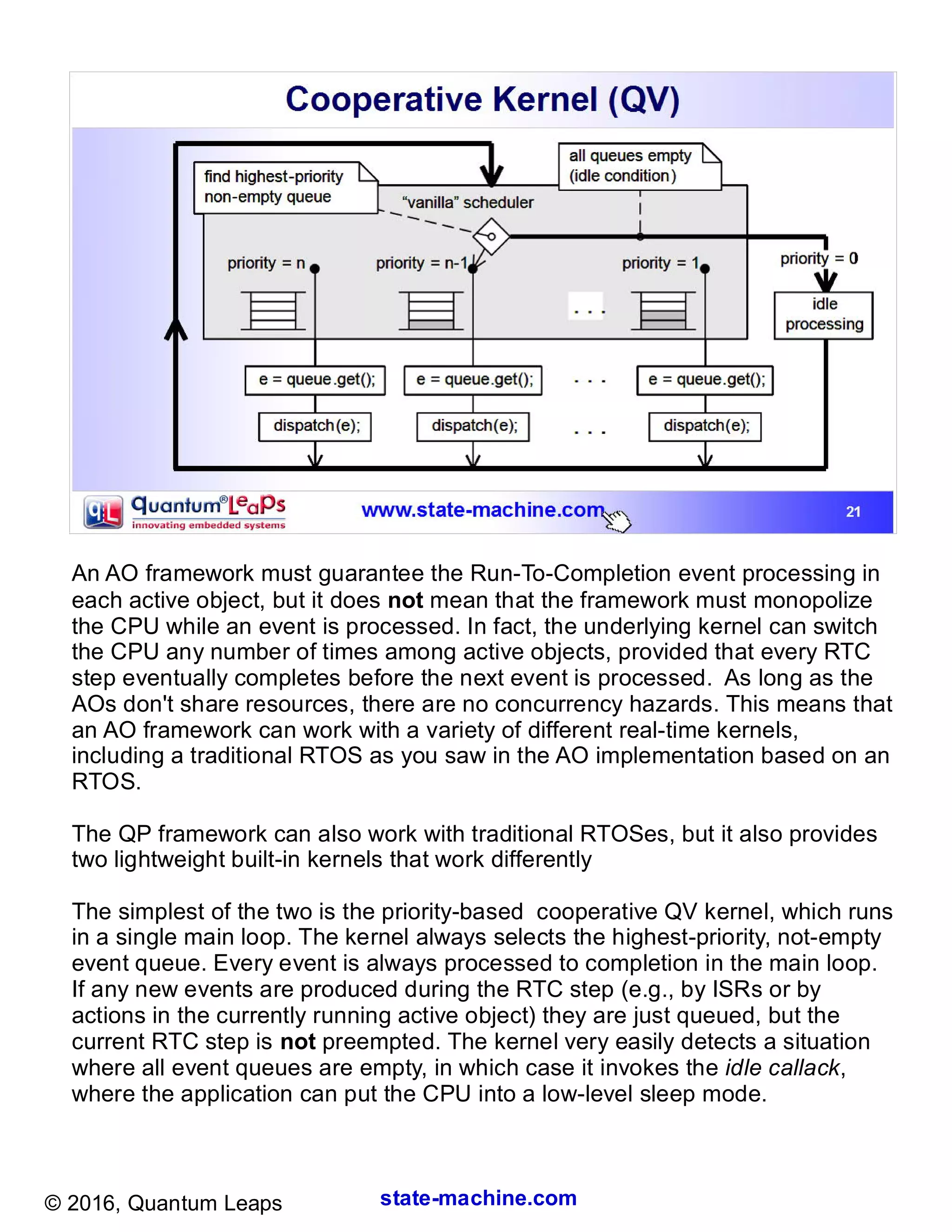 state-machine.com© 2016, Quantum Leaps
An AO framework must guarantee the Run-To-Completion event processing in
each active object, but it does not mean that the framework must monopolize
the CPU while an event is processed. In fact, the underlying kernel can switch
the CPU any number of times among active objects, provided that every RTC
step eventually completes before the next event is processed. As long as the
AOs don't share resources, there are no concurrency hazards. This means that
an AO framework can work with a variety of different real-time kernels,
including a traditional RTOS as you saw in the AO implementation based on an
RTOS.
The QP framework can also work with traditional RTOSes, but it also provides
two lightweight built-in kernels that work differently
The simplest of the two is the priority-based cooperative QV kernel, which runs
in a single main loop. The kernel always selects the highest-priority, not-empty
event queue. Every event is always processed to completion in the main loop.
If any new events are produced during the RTC step (e.g., by ISRs or by
actions in the currently running active object) they are just queued, but the
current RTC step is not preempted. The kernel very easily detects a situation
where all event queues are empty, in which case it invokes the idle callack,
where the application can put the CPU into a low-level sleep mode.
 