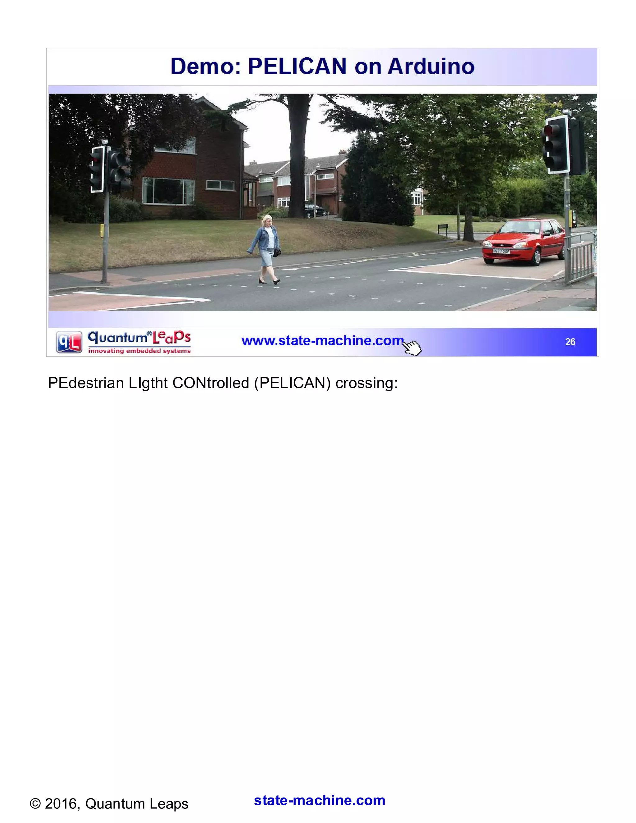 state-machine.com© 2016, Quantum Leaps
PEdestrian LIgtht CONtrolled (PELICAN) crossing:
 