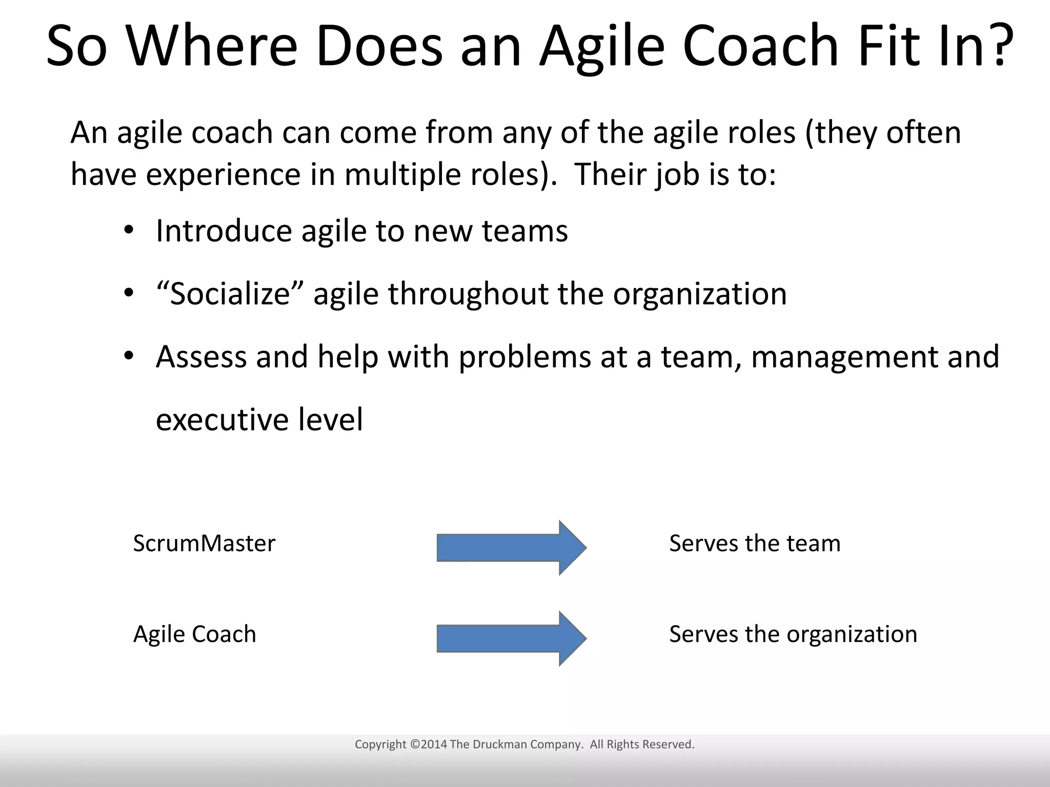 So Where Does an Agile Coach Fit In?
An agile coach can come from any of the agile roles (they often
have experience in multiple roles). Their job is to:
• Introduce agile to new teams
• “Socialize” agile throughout the organization
• Assess and help with problems at a team, management and
executive level

ScrumMaster

Serves the team

Agile Coach

Serves the organization

Copyright ©2014 The Druckman Company. All Rights Reserved.

 