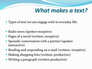 What makes a text?
 Types of text we can engage with in everyday life:
 Radio news (spoken receptive)
 Pages of a novel (written, receptive)
 Sporadic conversation with a partner (spoken
interactive)
 Reading and responding an e-mail (written, receptive)
 Making shopping lists (written, productive)
 Writing a paragraph (written productive)
 