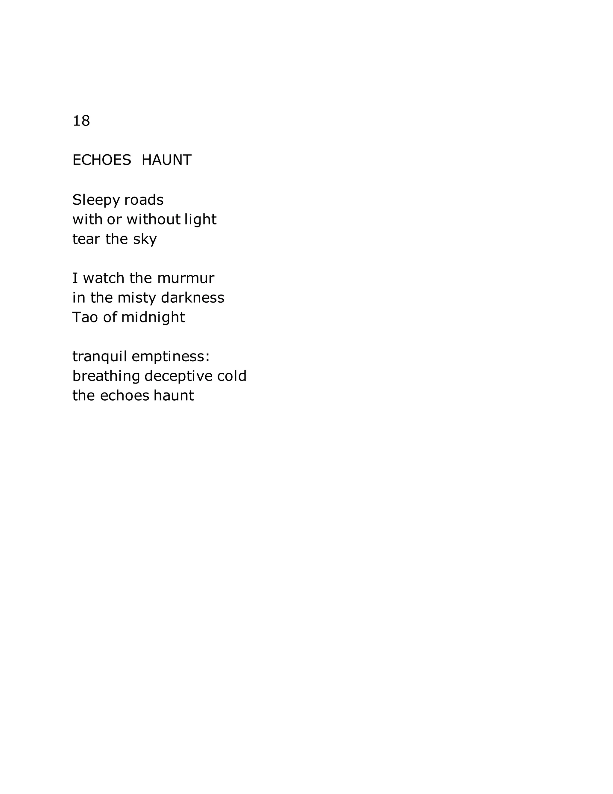18 
ECHOES HAUNT 
Sleepy roads 
with or without light 
tear the sky 
I watch the murmur 
in the misty darkness 
Tao of midnight 
tranquil emptiness: 
breathing deceptive cold 
the echoes haunt 
 