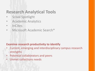 Research Analytical Tools
• Scival Spotlight
• Academic Analytics
• InCites
• Microsoft Academic Search*
Examine research productivity to identify
• Current, emerging and interdisciplinary campus research
strengths
• Potential collaborators and peers
• Unmet collections needs
 