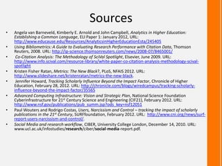 Sources
• Angela van Barneveld, Kimberly E. Arnold and John Campbell, Analytics in Higher Education:
Establishing a Common Language, ELI Paper 1: January 2012, URL:
http://www.educause.edu/Resources/AnalyticsinHigherEducationEsta/245405
• Using Bibliometrics: A Guide to Evaluating Research Performance with Citation Data, Thomson
Reuters, 2008. URL: http://ip-science.thomsonreuters.com/news/2008-07/8465001/
• Co-Citation Analysis: The Methodology of SciVal Spotlight, Elsevier, June 2009. URL:
http://www.info.scival.com/resource-library/white-paper-co-citation-analysis-methodology-scival-
spotlight
• Kristen Fisher Ratan, Metrics: The New Black?, PLoS, NFAIS 2012. URL:
http://www.slideshare.net/kristenratan/metrics-the-new-black.
• Jennifer Howard, Tracking Scholarly Influence Beyond the Impact Factor, Chronicle of Higher
Education, February 28, 2012. URL: http://chronicle.com/blogs/wiredcampus/tracking-scholarly-
influence-beyond-the-impact-factor/35565
• Advanced Computing Infrastructure: Vision and Strategic Plan, National Science Foundation
Cyberinfrastructure for 21st Century Science and Engineering (CIF21), February 2012. URL:
http://www.nsf.gov/publications/pub_summ.jsp?ods_key=nsf12051
• Paul Wouters and Rodrigo Costas, Users, Narcissism and Control – tracking the impact of scholarly
publications in the 21st Century, SURFfoundation, February 2012. URL: http://www.cni.org/news/surf-
report-users-narcissism-and-control/.
• Social Media and research workflow, CIBER, University College London, December 14, 2010. URL:
www.ucl.ac.uk/infostudies/research/ciber/social-media-report.pdf.
 