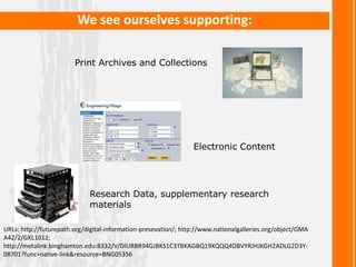 We see ourselves supporting:
URLs: http://futurepath.org/digital-information-presevation/; http://www.nationalgalleries.org/object/GMA
A42/2/GKL1012;
http://metalink.binghamton.edu:8332/V/DIURBR94GJBKS1C3TBKAGBQ19XQQQ4DBVYRJHJKGH2ADLG2D3Y-
08701?func=native-link&resource=BNG05356
Print Archives and Collections
Electronic Content
Research Data, supplementary research
materials
 