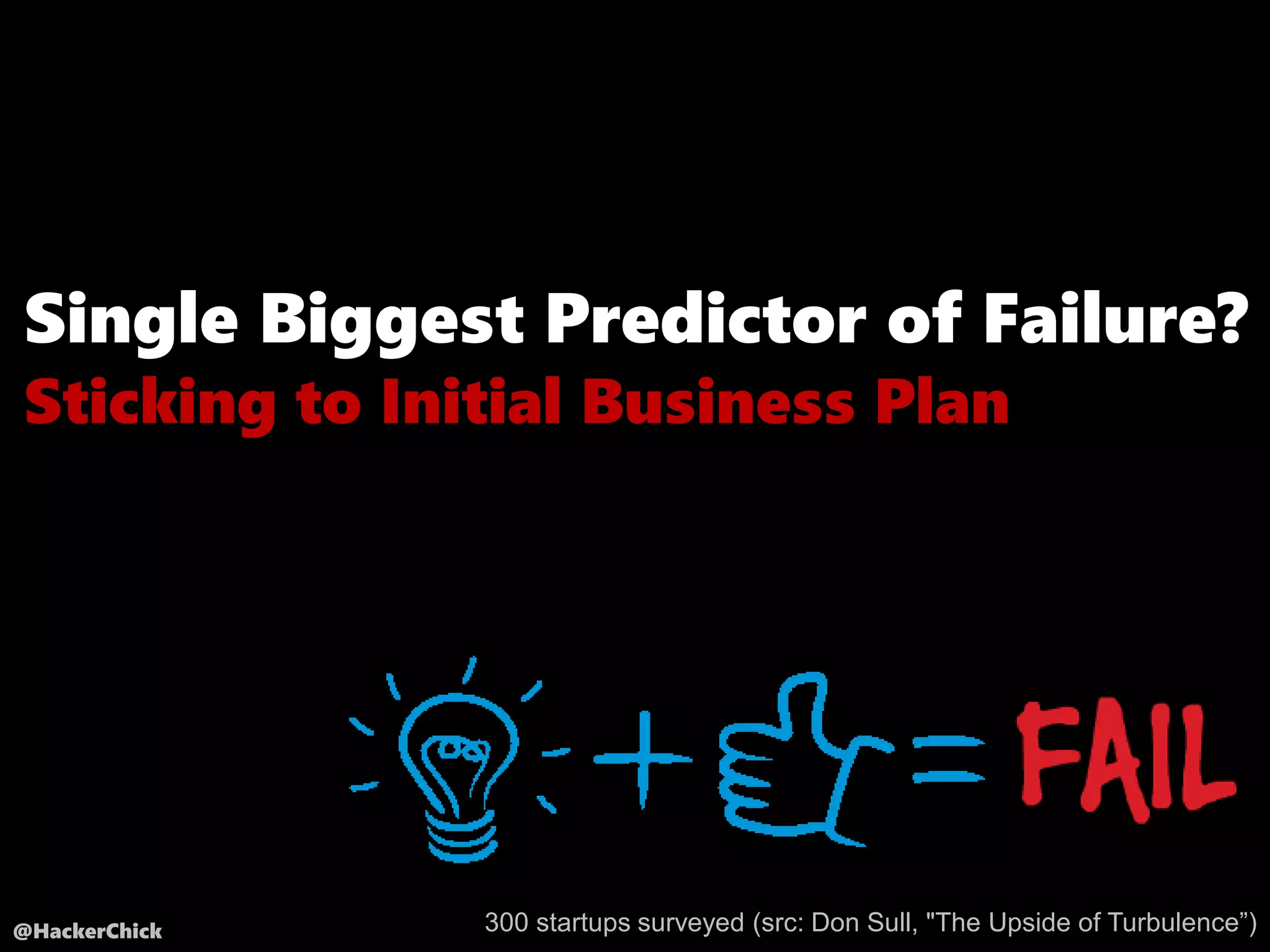 @HackerChick
Single Biggest Predictor of Failure?
300 startups surveyed (src: Don Sull, "The Upside of Turbulence”)
Sticking to Initial Business Plan
 