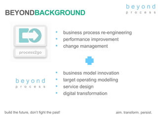 build the future, don’t fight the past!
BEYONDBACKGROUND
• business process re-engineering
• performance improvement
• change management
• business model innovation
• target operating modelling
• service design
• digital transformation
b e y o n d
p r o c e s s
b e y o n d
p r o c e s s
aim. transform. persist.
 