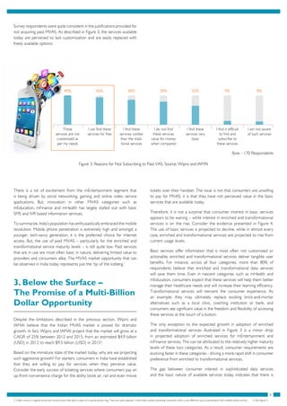 6
Figure 3: Reasons for Not Subscribing to Paid VAS, Source: Wipro and IAMAI
Survey respondents were quite consistent in the justifications provided for
not acquiring paid MVAS. As described in Figure 3, the services available
today are perceived to lack customization and are easily replaced with
freely available options:
There is a lot of excitement from the mEntertainment segment that
is being driven by social networking, gaming and online video service
applications. But, innovation in other MVAS categories such as
mEducation, mFinance and mHealth has largely stalled out with basic
SMS and IVR based information services.
To summarize, India’s population has enthusiastically embraced the mobile
revolution. Mobile phone penetration is extremely high and amongst a
younger, tech-savvy generation, it is the preferred choice for internet
access. But, the use of paid MVAS – particularly for the enriched and
transformational service maturity levels – is still quite low. Paid services
that are in use are most often basic in nature, delivering limited value to
providers and consumers alike. The MVAS market opportunity that can
be observed in India today represents just the ‘tip of the iceberg.’
3. Below the Surface –
The Promise of a Multi-Billion
Dollar Opportunity
Despite the limitations described in the previous section, Wipro and
IAMAI believe that the Indian MVAS market is poised for dramatic
growth. In fact, Wipro and IAMAI project that the market will grow at a
CAGR of 25% between 2012 and 2015, from an estimated $4.9 billion
(USD) in 2012 to reach $9.5 billion (USD) in 20154
.
Based on the immature state of the market today, why are we projecting
such aggressive growth? For starters, consumers in India have established
that they are willing to pay for services when they perceive value.
Consider the early success of ticketing services where consumers pay an
up-front convenience charge for the ability book air, rail and even movie
tickets over their handset. The issue is not that consumers are unwilling
to pay for MVAS, it is that they have not perceived value in the basic
services that are available today.
Therefore, it is not a surprise that consumer interest in basic services
appears to be waning – while interest in enriched and transformational
services is on the rise. Consider the evidence presented in Figure 4.
The use of basic services is projected to decline, while in almost every
case, enriched and transformational services are projected to rise from
current usage levels.
Basic services offer information that is most often not customized or
actionable; enriched and transformational services deliver tangible user
benefits. For instance, across all four categories, more than 80% of
respondents believe that enriched and transformational data services
will save them time. Even in nascent categories such as mHealth and
mEducation, consumers expect that these services will help them better
manage their healthcare needs and will increase their learning efficiency.
Transformational services will reinvent the consumer experience. As
an example, they may ultimately replace existing brick-and-mortar
alternatives such as a local clinic, coaching institution or bank, and
consumers see significant value in the freedom and flexibility of accessing
these services at the touch of a button.
The only exception to the expected growth in adoption of enriched
and transformational services illustrated in Figure 3 is a minor drop
in projected adoption of enriched services for mEntertainment and
mFinance services. This can be attributed to the relatively higher maturity
levels of these two categories. As a result, consumer requirements are
evolving faster in these categories - driving a more rapid shift in consumer
preference from enriched to transformational services.
The gap between consumer interest in sophisticated data services
and the basic nature of available services today indicates that there is
49% 45% 40% 39% 35% 9% 8%
These
services are not
customized as
per my needs
I can find these
services for free
I find these
services costlier
than the tradi-
tional services
I do not find
these services
value for money
when compared
I find these
services very
basic
I find it difficult
to find and
subscribe to
these services
I am not aware
of such services
Base - 170 Respondents
3. Caller tunes or ringback tones are musical tones that play in place of a typical phone ring. They are quite popular in the Indian market providing consumers with a cost effective way to personalize their mobile phone service. 4. See figure 5
 