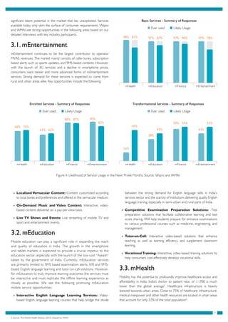 7
between the strong demand for English language skills in India’s
services sector and the scarcity of institutions delivering quality English
language training, especially in semi-urban and rural parts of India.
»» Competitive Examination Preparation Solutions: Test
preparation solutions that facilitate collaborative learning and test
score sharing. Will help students prepare for entrance examinations
to various professional courses such as medicine, engineering, and
management.
»» Tutor-on-Call: Interactive video-based solutions that enhance
teaching as well as learning efficiency and supplement classroom
learning.
»» Vocational Training: Interactive, video-based training solutions to
help consumers cost-effectively develop vocational skills.
3.3. mHealth
Mobility has the potential to profoundly improve healthcare access and
affordability in India. India’s doctor to patient ratio of 1:1700 is much
lower than the global average5
. Healthcare infrastructure is heavily
skewed towards urban areas. Close to 75% of healthcare infrastructure,
medical manpower and other health resources are located in urban areas
that account for only 27% of the total population6
.
significant latent potential in the market that lies unexploited. Services
available today only skim the surface of consumer requirements. Wipro
and IAMAI see strong opportunities in the following areas based on our
detailed interviews with key industry participants.
3.1. mEntertainment
mEntertainment continues to be the largest contributor to operator
MVAS revenues. The market mainly consists of caller tunes, subscription
based alerts such as sports updates, and SMS based contests. However,
with the launch of 3G services and a decline in smartphone prices,
consumers want newer and more advanced forms of mEntertainment
services. Strong demand for these services is expected to come from
rural and urban areas alike. Key opportunities include the following:
Figure 4: Likelihood of Service Usage in the Next Three Months, Source: Wipro and IAMAI
68%
61%
88% 90%
mHealth mEducation mFinance mEntertainment
70%
63%
87%
82%
Enriched Services - Summary of Responses
Ever used Likely Usage
16%
38%
50%
mHealth mEducation mFinance mEntertainment
49%
43%
55%
Transformational Services - Summary of Responses
Ever used Likely Usage
55%
43%
5. Source: The World Health Statistics 2010, released by WHO
98% 97% 97% 97%
mHealth mEducation mFinance mEntertainment
81% 87% 90% 78%
Basic Services - Summary of Responses
Ever used Likely Usage
»» Localized Vernacular Content: Content customized according
to local tastes and preferences and offered in the vernacular medium.
»» On-Demand Music and Video Content: Interactive, video-
based content delivered on a pay-per-view basis.
»» Live TV Shows and Events: Live streaming of mobile TV and
sport and entertainment events.
3.2. mEducation
Mobile education can play a significant role in expanding the reach
and quality of education in India. The growth in the smartphone
and tablet markets is expected to provide a crucial impetus to the
education sector, especially with the launch of the low-cost “Aakash”
tablet by the government of India. Currently, mEducation services
are primarily limited to SMS based examination alerts, IVR and SMS-
based English language learning and tutor-on-call solutions. However,
for mEducation to truly improve learning outcomes the services must
be interactive and must replicate the offline learning experience as
closely as possible. We see the following promising mEducation
mobile service opportunities:
»» Interactive English Language Learning Services: Video-
based English language learning courses that help bridge the divide
 