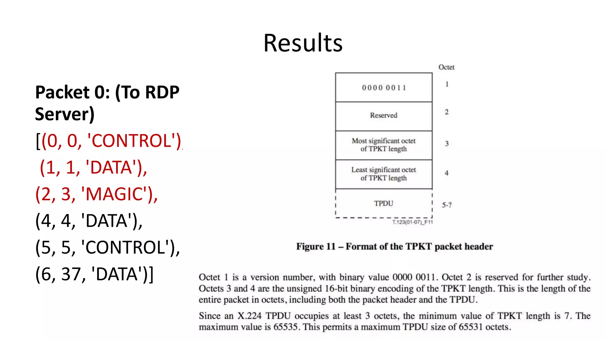 Results Packet 0: (To RDP Server) [(0, 0, 'CONTROL'), (1, 1, 'DATA'), (2, 3, 'MAGIC'), (4, 4, 'DATA'), (5, 5, 'CONTROL'), (6, 37, 'DATA')] 