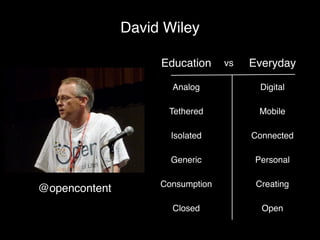 David Wiley

                    Education     vs   Everyday

                      Analog             Digital

                     Tethered            Mobile

                      Isolated         Connected

                      Generic           Personal

                    Consumption         Creating
@opencontent
                      Closed             Open
 