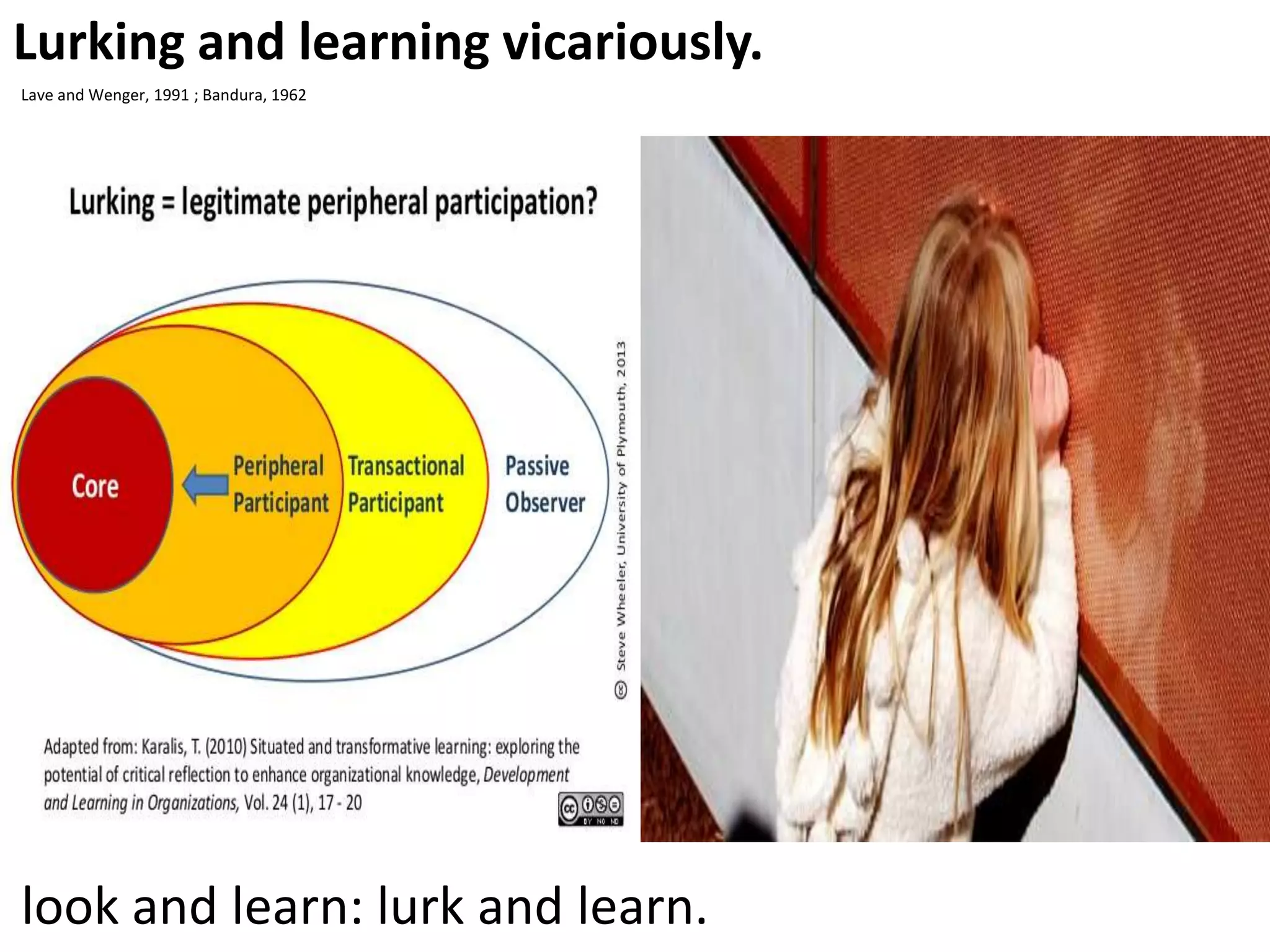 Lurking and learning vicariously.
Lave and Wenger, 1991 ; Bandura, 1962

look and learn: lurk and learn.

 