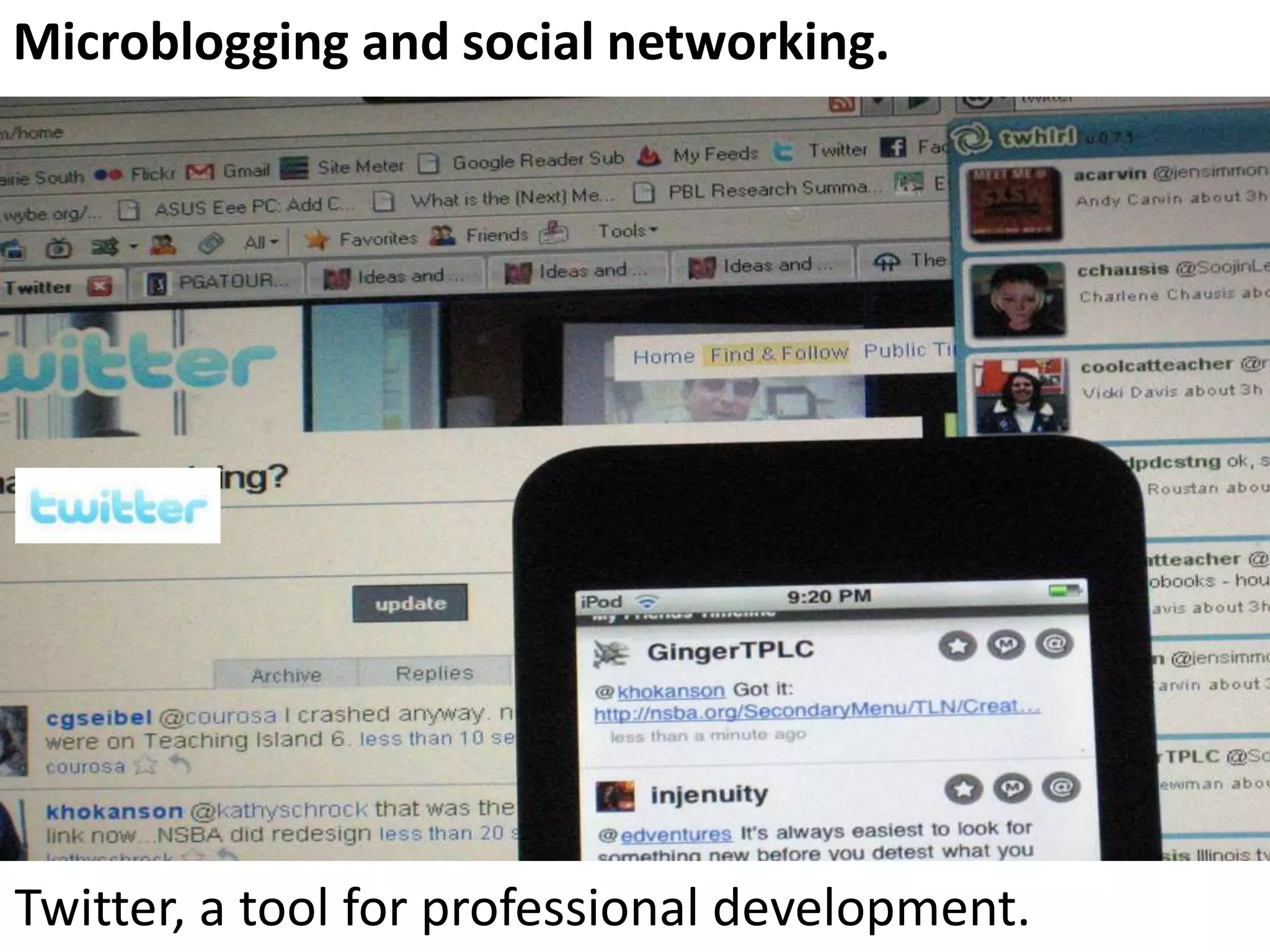 Microblogging and social networking.

Twitter, a tool for professional development.

 