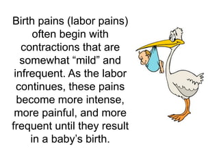 Birth pains (labor pains)
often begin with
contractions that are
somewhat “mild” and
infrequent. As the labor
continues, these pains
become more intense,
more painful, and more
frequent until they result
in a baby’s birth.
 