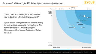 Source to Pay Suite: Spend Analysis | eSourcing | Contract Management | Supplier Management | Savings Management | Project Management | Request Management | Procure-to-Pay
Forrester CLM Wave™ for S2C Suites: Zycus’ Leadership Continues
‘Zycus Cited as a Leader for a 2nd time in a
row in Contract Life-Cycle Management.’
Zycus “shows strengths in CLM and the rest of
its suite with AI leadership” according to The
Forrester Wave™: Contract Lifecycle
Management For Source-To-Contract Suites,
Q1 2019
 