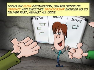 focus on flow optimization, Shared sense of
Urgency and executive sponsorship enabled us to
deliver fast, against all odds

 