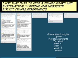 I USE THAT DATA TO feed a change board And
SYSTEMATICALLY DEFINE AND negotiate
explicit change experiments

Observations & insights
Options
Possible Experiments
This Week
Week + 1
Week + 2
Week + 3
Archive

 