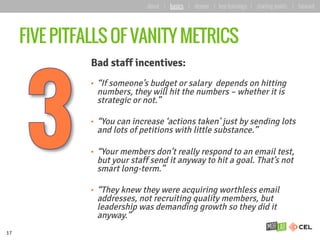 FIVE PITFALLS OF VANITY METRICS
Bad staff incentives:
•  “If someone’s budget or salary depends on hitting
numbers, they will hit the numbers – whether it is
strategic or not.”
•  “You can increase ‘actions taken’ just by sending lots
and lots of petitions with little substance.”
•  “Your members don’t really respond to an email test,
but your staff send it anyway to hit a goal. That’s not
smart long-term.”
•  “They knew they were acquiring worthless email
addresses, not recruiting quality members, but
leadership was demanding growth so they did it
anyway.”
17
about | basics | deeper | key learnings | starting points | forward
 
